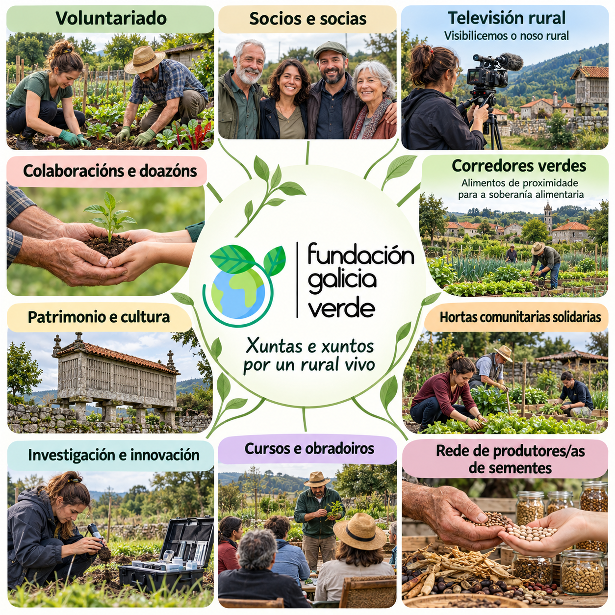 Proxectos e formas de participar na Fundación Galicia Verde: voluntariado, socios, televisión rural, corredores verdes, hortas, sementes, cultura e formación.
